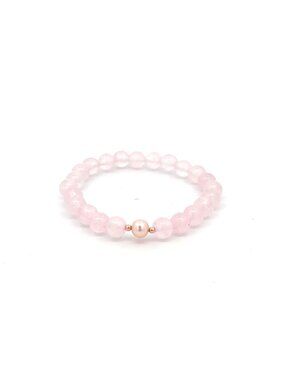 14K Solid Gold Tiny Beads Freshwater Pearl Rose Quartz Stretch Gemstone Bracelet